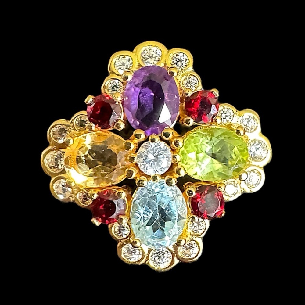 Vintage Genuine Multi Gemstone Silver Garnet Citrine Blue Topaz + Ring Size 7.25